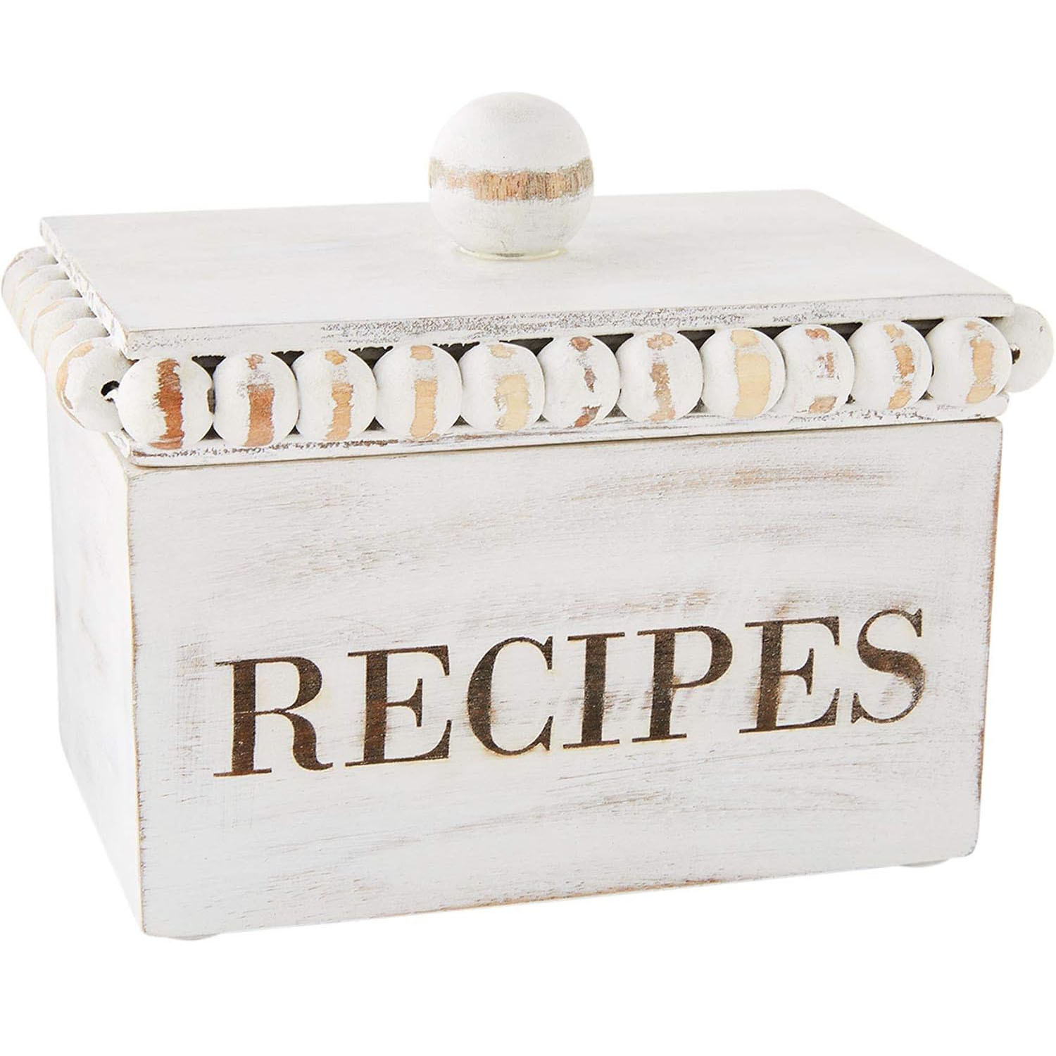 Washed White Wooden Bead Recipe Box