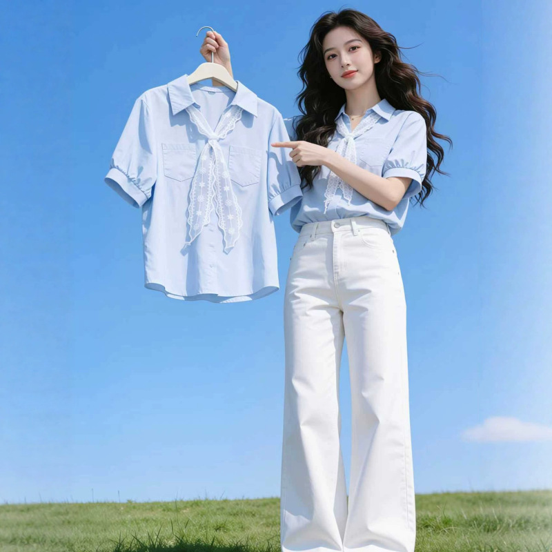 French-Style Lace Scarf Blue Short-Sleeve Shirt for Women, New Summer Model, Elegant Shirt with a Design Sense, Short-Sleeve Umbrella-Holding Style A11656 French-Style Lace Scarf Blue Short-Sleeve Shirt for Women, New Summer Model, Elegant Shirt with a Design Sense, Short-Sleeve Umbrella-Holding Style A11656