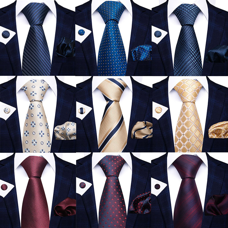 2026 New Men's Business Black Gift Box Striped Plain Tie Pocket Square Tie Gift Set