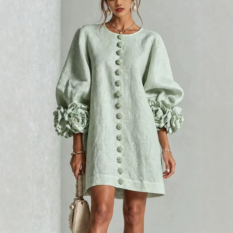 French-style three-dimensional floral lantern sleeve cotton-linen dress, round neck, single-breasted, loose-fitting, flattering holiday short dress