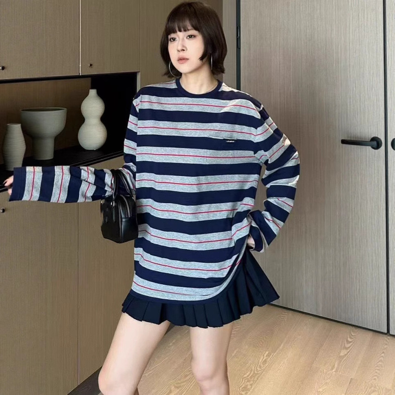 Miumiu Summer and Autumn Long-Sleeved Women's Bottoming Women's New Simple and Versatile Long Straight Version Stripesd Cotton T-Shirt