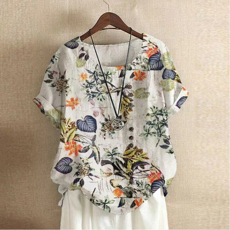 大きいサイズの婦人服の国風の復古のゆったりしているプリントの綿麻の半袖のtシャツの女性の2024夏の新型の亜麻の上着|undefined