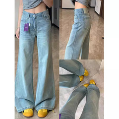 冰蓝色不贴腿微喇牛仔裤女2025夏季新款美式低腰显瘦浅色拖地裤子