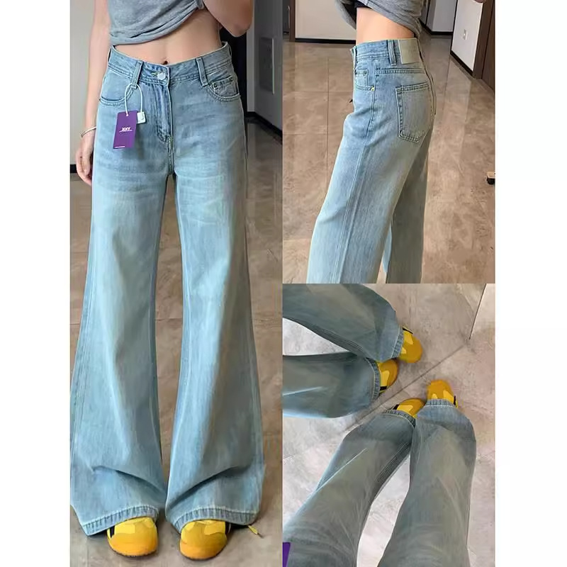 冰蓝色不贴腿微喇牛仔裤女2025夏季新款美式低腰显瘦浅色拖地裤子|undefined