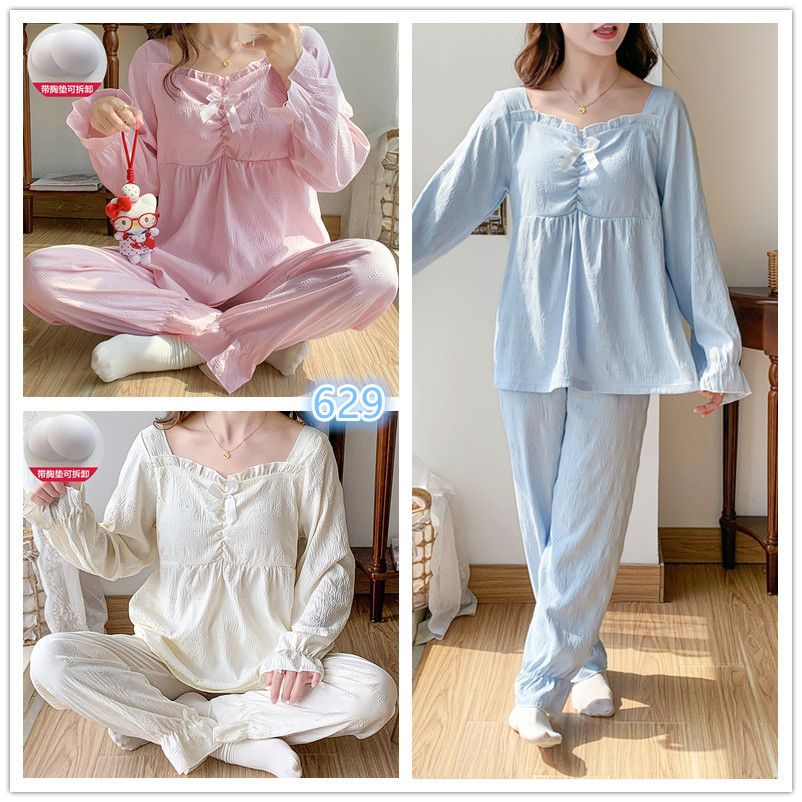 Pijama con cojín de pecho para mujeres primavera y otoño nuevo algodón nubes mangas largas pijama largo mediano dulce princesa ropa de estilo doméstico se puede usar fuera