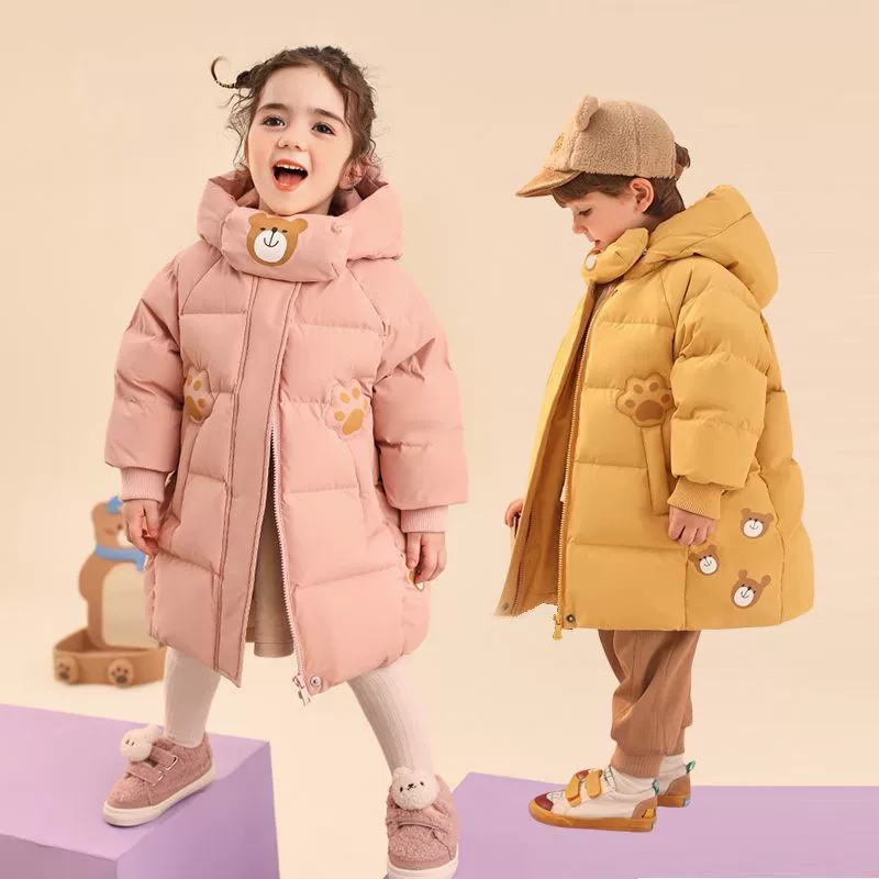 2024 новый детский хлопчатобумажный костюм средней и длинной девушки медвежья лапа печать ребенка зимняя хлопчатобумажная куртка толстая зимняя одежда
