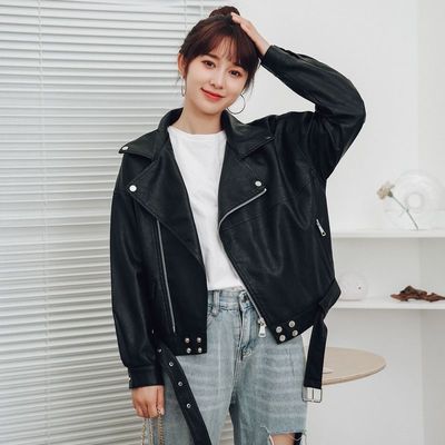 2021 new pattern spring and autumn Women's wear locomotive leather clothing Easy leather jacket Korean Edition Show thin BF Wind PU Leather and velvet jacket