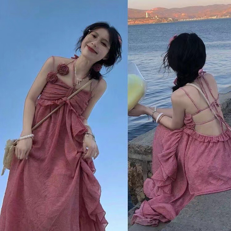 Rose Summer Dopamine Dress Student Super Fairy Long Dress Sweet New Style Rose Strap Dress Summer Edition