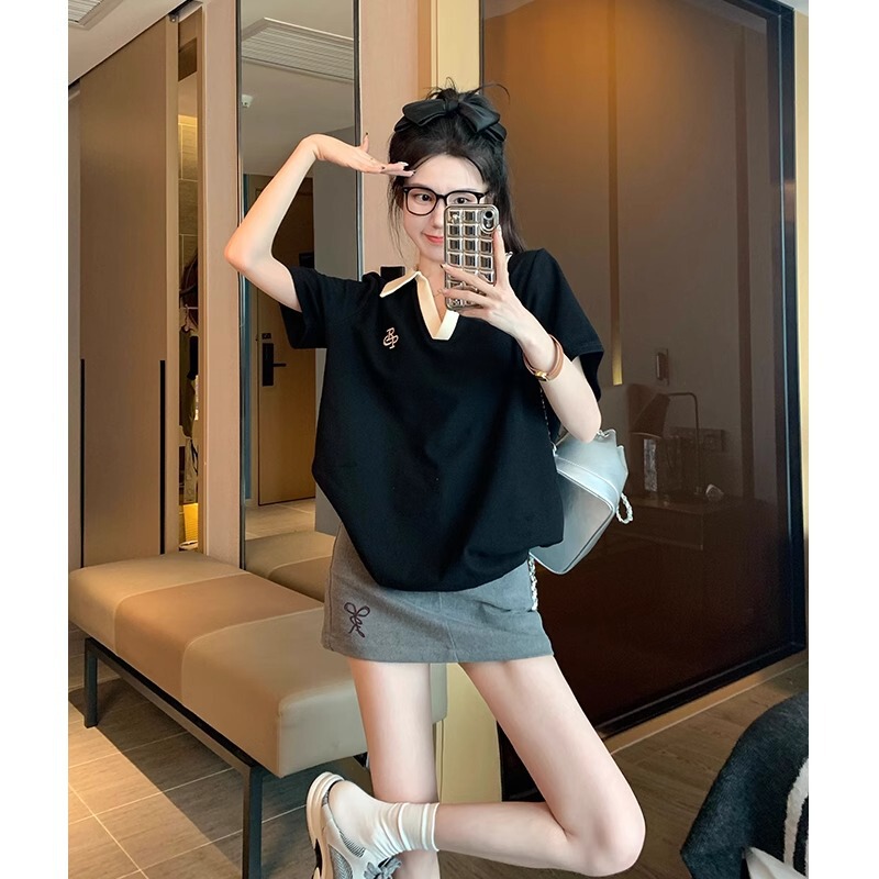 官図200グラム半袖tシャツ夏2025刺繍衝突色修身正肩ショート襟上着女装|undefined