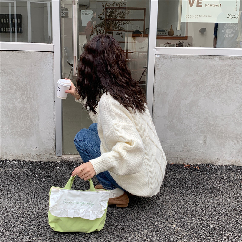1441 Japanese and Korean chic Sweet ruffled bento Bag, Fresh embroidered hand-held small cloth bag, girl student bag wholesale undefined