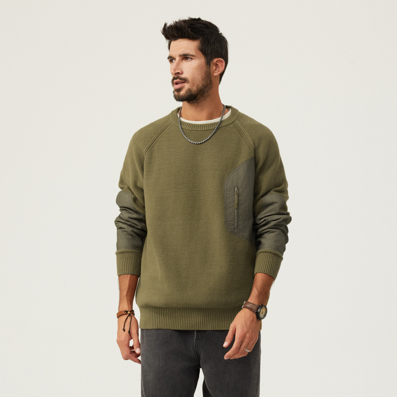 American Style Retro Stitching Sweater Autumn and Winter New Round Neck Slim Fit Top Tough Han Style Tactical Sweater Men's All-match