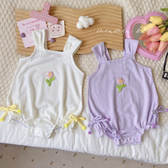 女寶寶夏季吊帶哈衣連體衣新生兒嬰兒薄款可愛洋氣爬服三角包屁衣