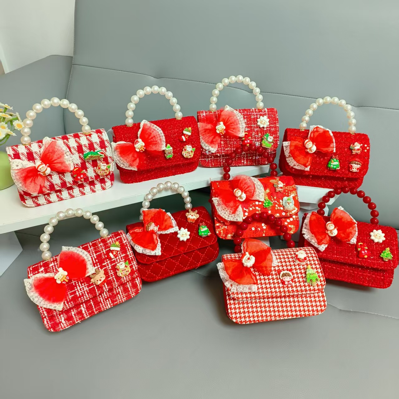 Cartera de Año Nuevo rojo arco de papá Noel bolso de perla pequeña cadena de viento fragante bolso de hombro