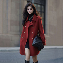 2024新款冬季本命年红色中长款毛呢外套韩版宽松加棉加厚呢子大衣