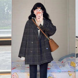 盐系轻熟风格子西装毛呢外套女秋冬新款休闲宽松高级感中长款上衣