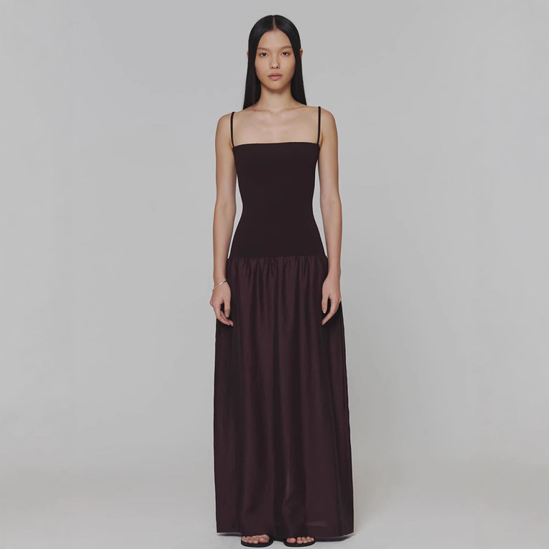 Spot Amomento Silk Knitted Suspender Long Skirt for Women Korean Style High-End Slim Slim Maxi Dress