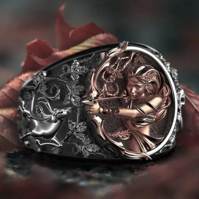 Ancient Greek Goddess Artemis Ring Fashionable Easiest for Match Open Ring High-end Heavy Industry Couple Jewelry