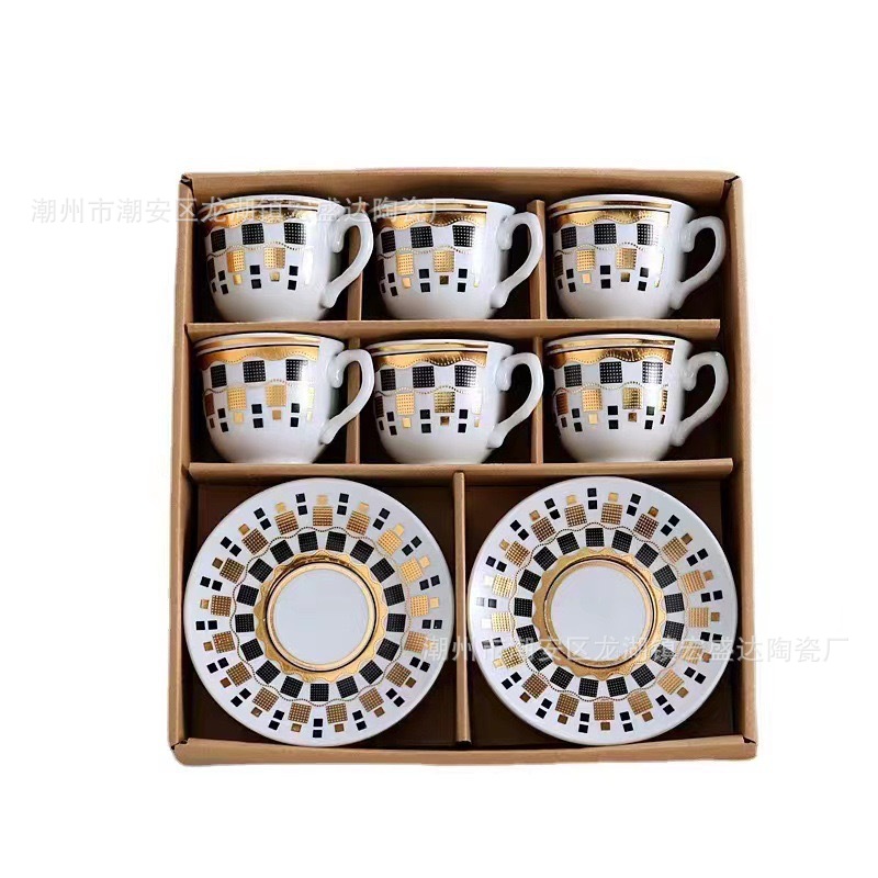 Nuevo conjunto de tazas de café de cerámica europea, tazas de café de estampado transfronterizo, 6 tazas de café de Oriente Medio, 6 platos de café de la tarde