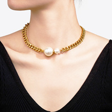 东莞钛钢饰品跨境热销仿巴洛克珍珠夸张吊坠项链复古街头粗链条女