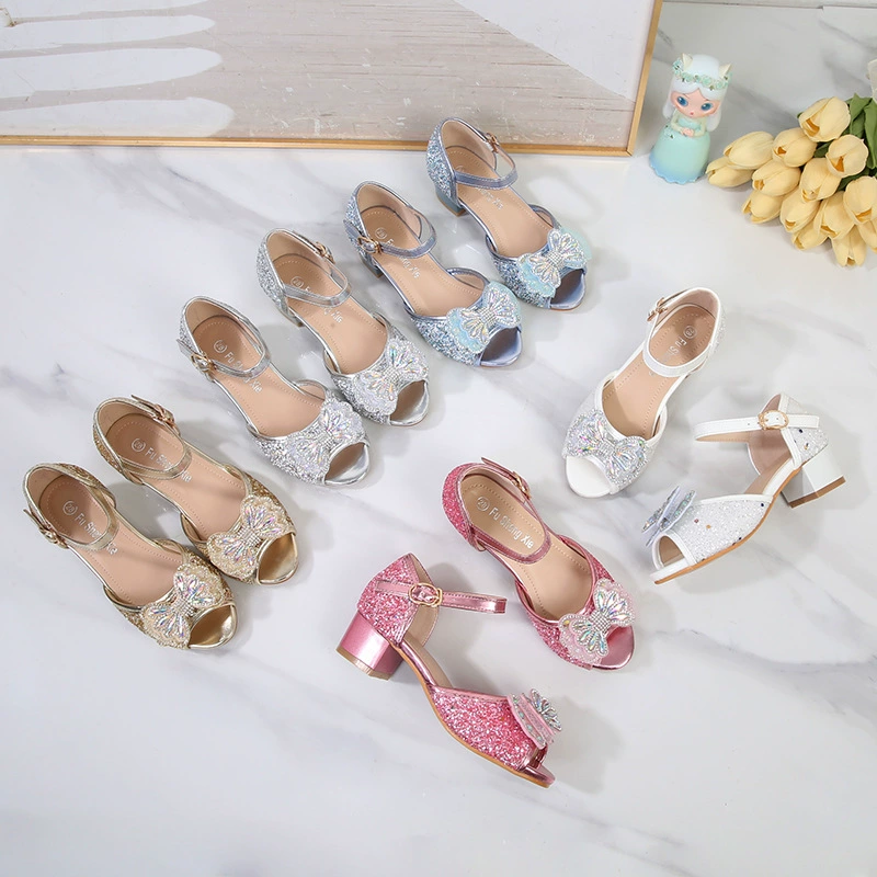 Детские босоножки для девочек, летняя новинка 2025 года, модные туфли на высоком каблуке с бантом и открытым носком, для выступлений и показов мод