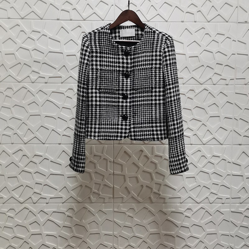 24 Autumn and Winter New Wool Short Coat French Light Luxury Elegant Black and White Houndstooth Retro Chanel Style Coat for Women