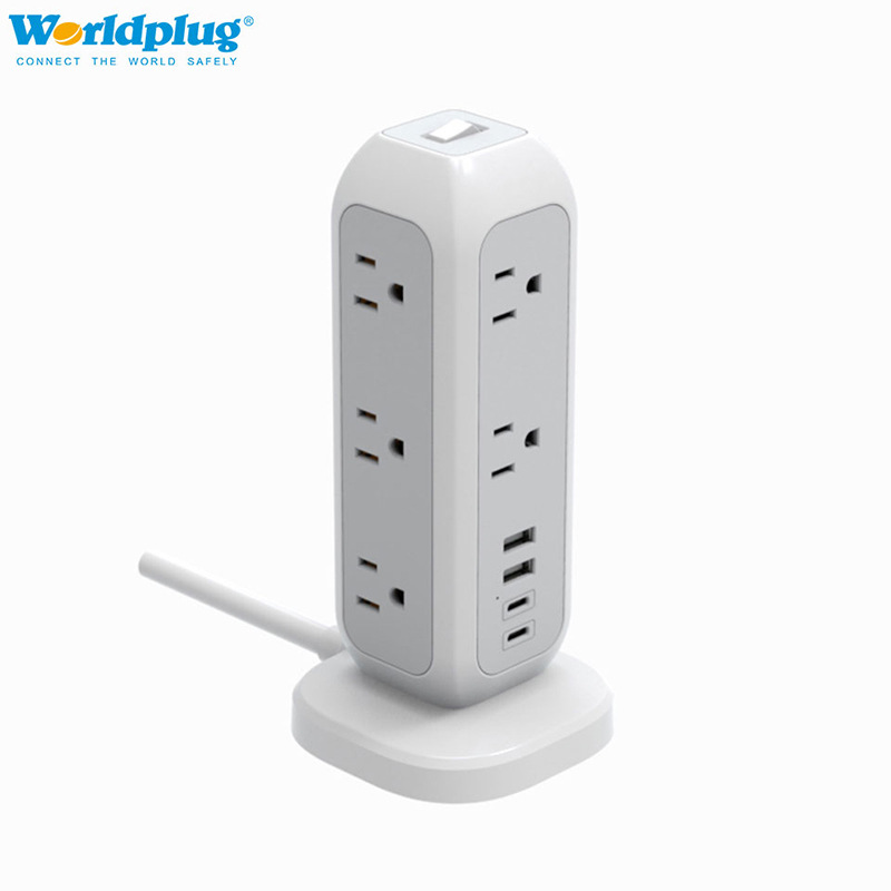 美规过载保护11位2USB Type-C塔式桌面排插立式电源插线板