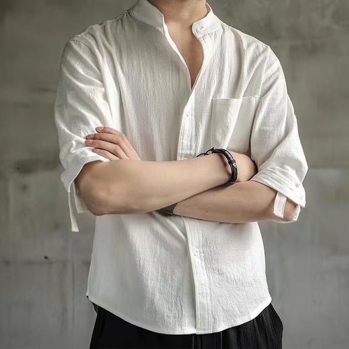 Japanese Retro Stand Collar Short Sleeve Shirt for Men - Summer Trend Brand High-End Sophisticated Dandy Men's Shirt - Plus Size Seven-Finger Sleeve