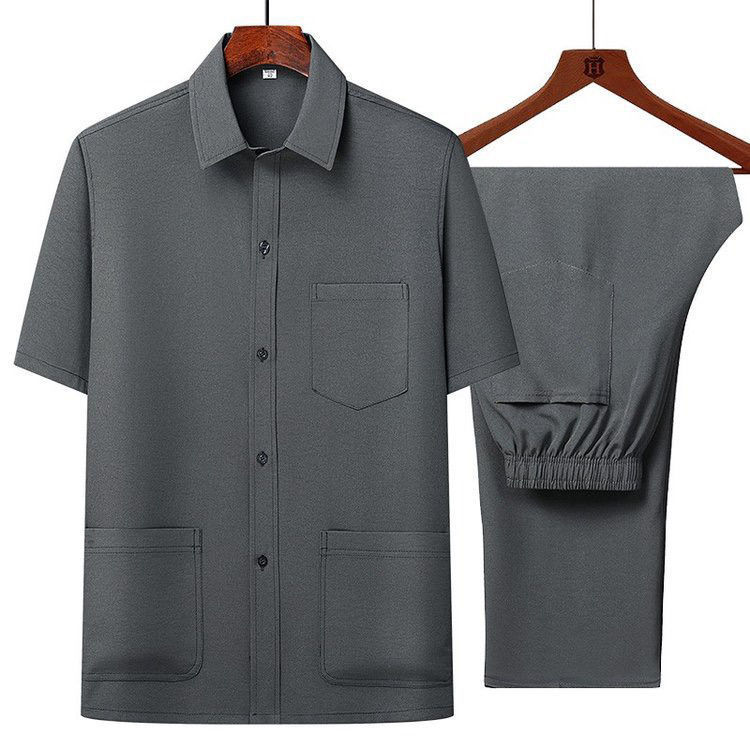 Middle-aged Summer Ice Silk Shirt Grandpa Loose Shirt Dad High-grade Middle-aged Male Dad Casual Short-sleeved suit
