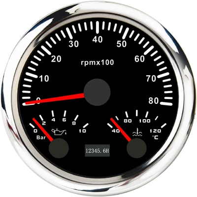 85mm Three-In-One Speedometer, Oil Pressure, automobile instrument - silver-edge-black-bottom-8000rpm