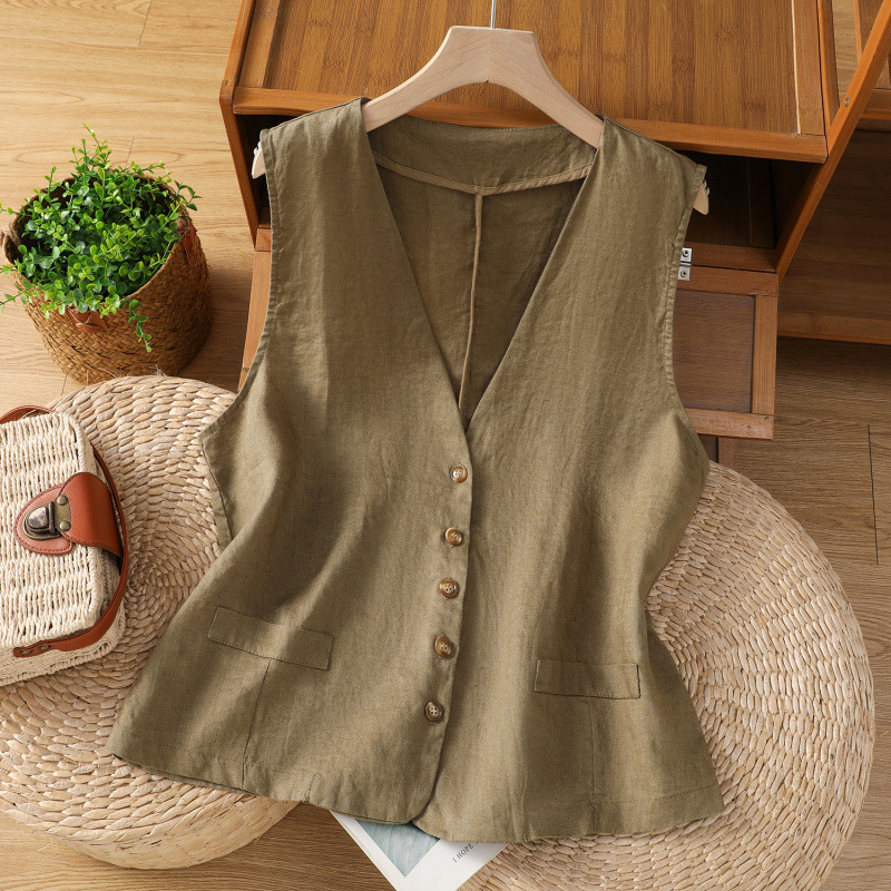 2026 Summer Retro Washed Cotton Linen Sleeveless Vest for Women, Summer Artistic Cardigan Outerwear Top Vest for Women