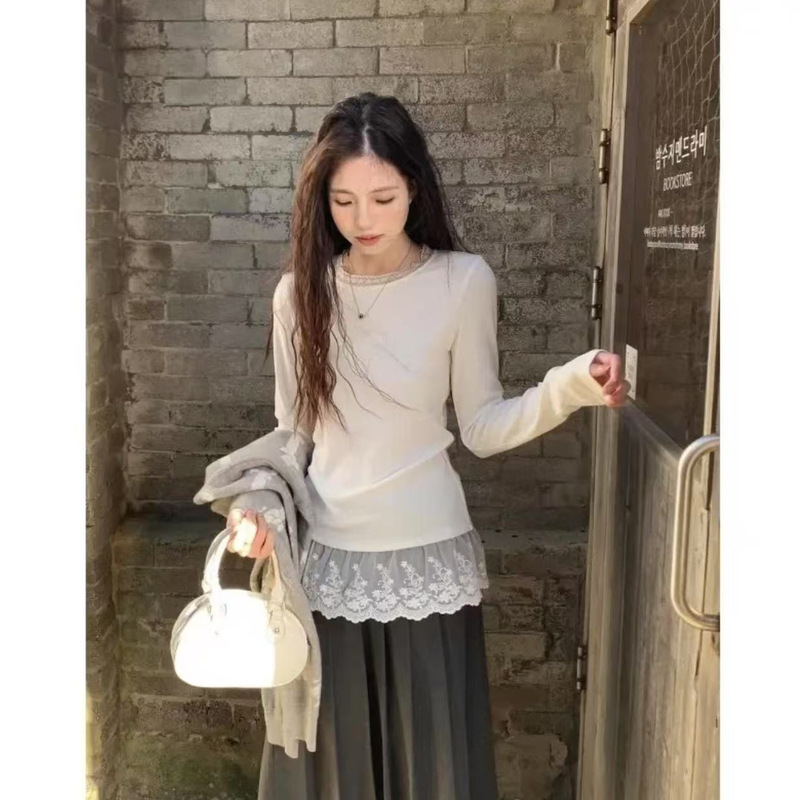 秋冬miu系韩版圆领蕾丝边拼接宽松减龄百搭长袖打底T恤女甜美上衣|undefined
