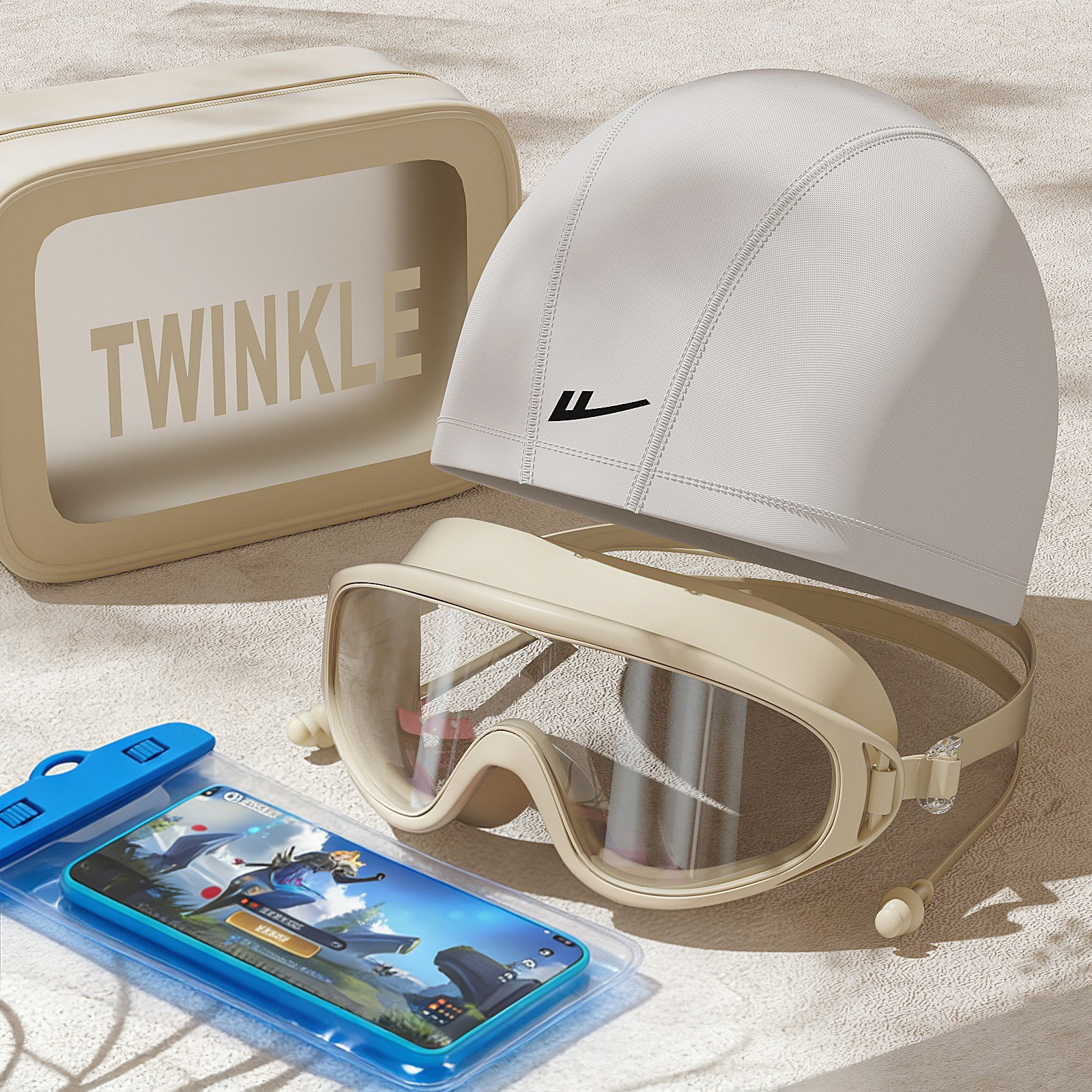 미색 수영모 + 순백색 수영모 + 카키색 수영 가방 + 휴대폰 파우치