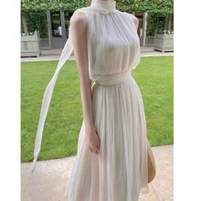 夏季新款设计无袖仿真丝飘带上衣气质惊艳仙女白色连衣裙套装
