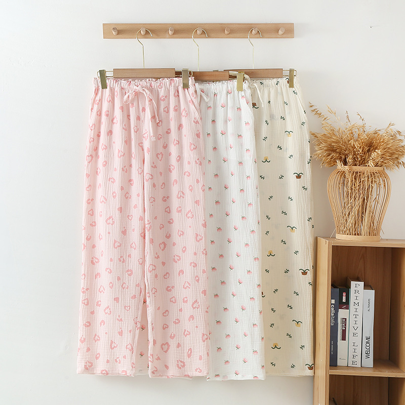 Women's Summer Crepe Cotton Yarn Printed Pajama Pants Comfortable Loose Home Pants Air Conditioning Pants Casual Pants Exterior Pocket Women's Summer Crepe Cotton Yarn Printed Pajama Pants Comfortable Loose Home Pants Air Conditioning Pants Casual Pants Exterior Pocket