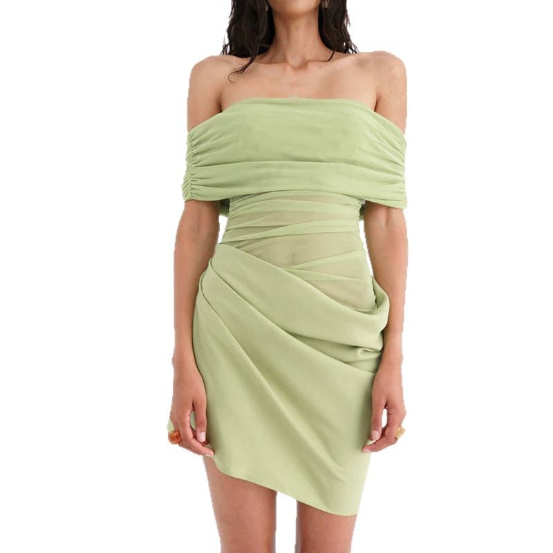 Transfronterizo 2025 primavera y verano nuevo estilo de ropa de mujer europea y americana sexy una palabra hombro malla empalmado cintura abierta vestido plegado delgado image 6