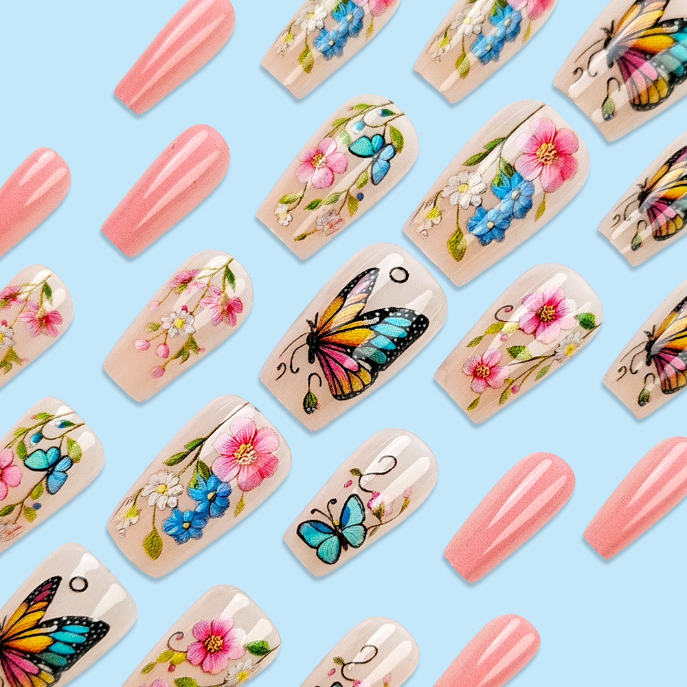 Chicas de uñas de flores pastorales de primavera, parches de uñas cortos simples, productos terminados al por mayor, ropa de mariposa de venta caliente en Europa y América image 4