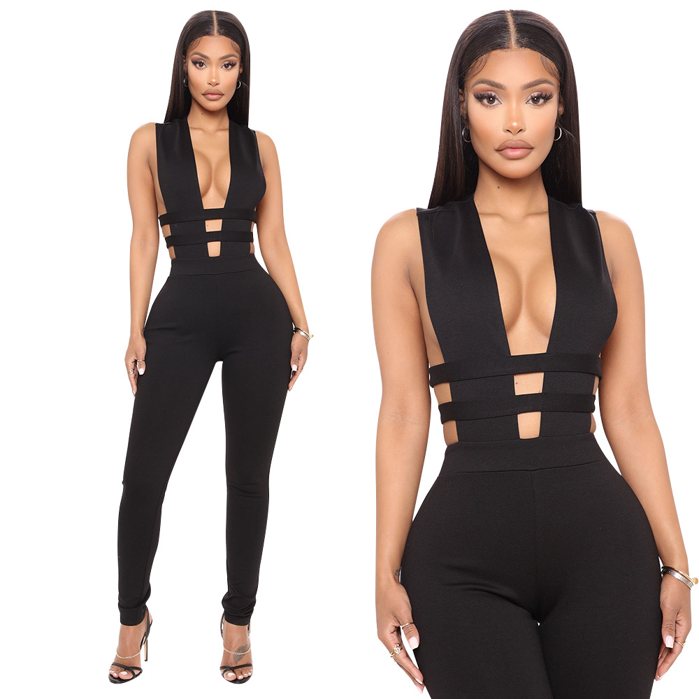 Hollowed-out Stitching Sexy V-neck Sleeveless Tight Jumpsuit - Jumpsuits & Rompers - Uniqistic.com