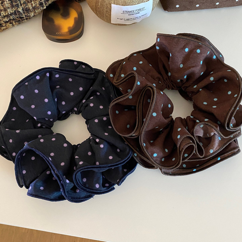 新款韩系时尚温柔复古蓝波点咖色大肠发圈丸子头发绳气质头花发饰
