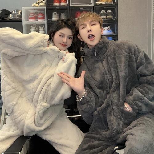 Ash Beige Zippered Coral Fleece Padded & Thickened Pajamas—Autumn/Winter Hot-Selling New Style Couple’s Home Wear Set