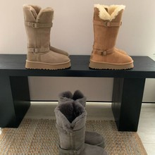 河南桑坡厚底高筒羊皮毛一体雪地靴女士2025冬季时尚高筒靴皮扣骑