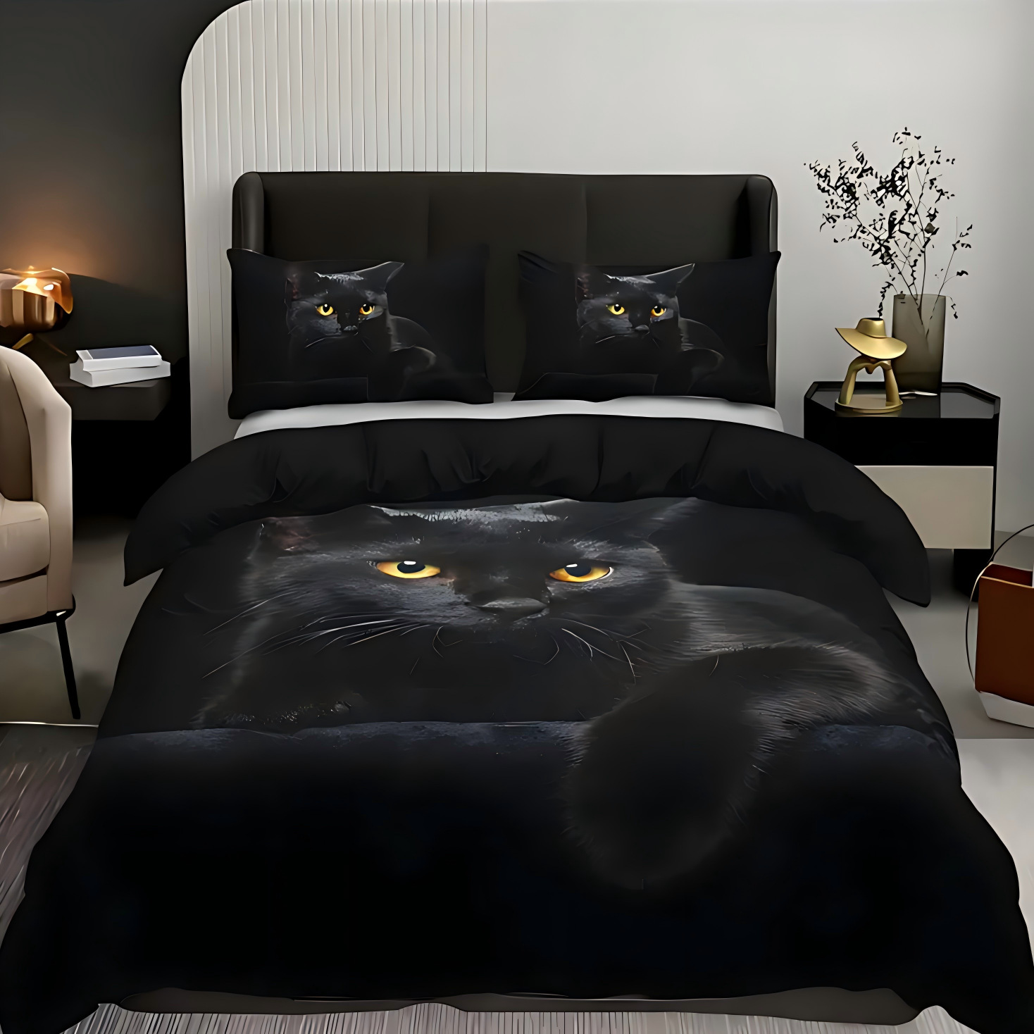 TEMU / JIT transfronterizo gato negro animal impresión digital 3D suave colcha de cama set fuente fabricante