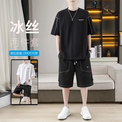 夏アイスシルク薄手半袖ショーツスーツメンズトレンディカジュアルスポーツゆったり大きいサイズメンズ速乾ツーピーススーツ