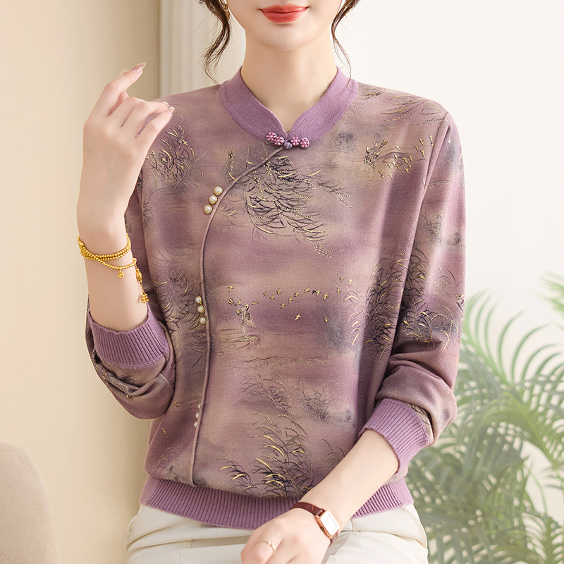 秋季新款妈妈上衣女洋气中老年针织小衫时尚简约印花中年人衣服女|undefined