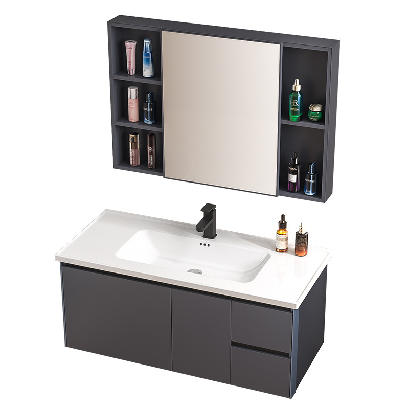 Gabinete de baño de aluminio espacial nórdico todo en una bañera cerámica colgada de pared tipo espejo gabinete combinado inodoro a prueba de agua almacenamiento de lavado