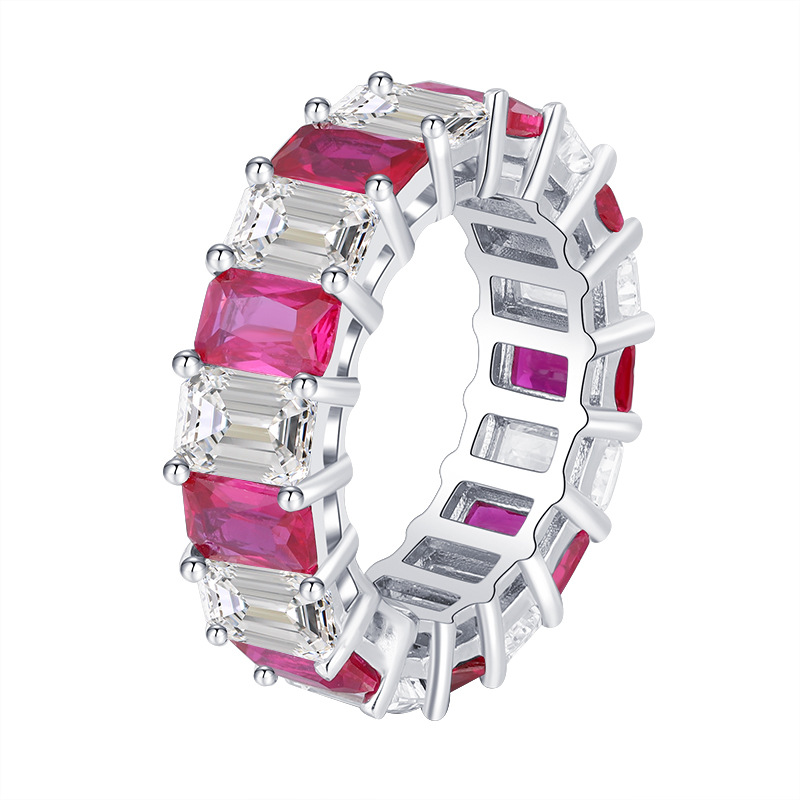 Zhuang sheng joyería S925 todo el cuerpo de plata de la venta caliente de color de la simulación del tesoro rojo corindón piedra de dos colores anillo de la fila retro anillo 4*6