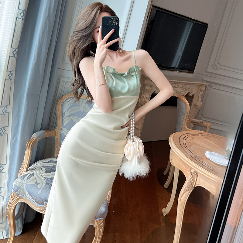 Đầm ôm body nữ dáng dài phối màu xếp ly — Màu xanh lá