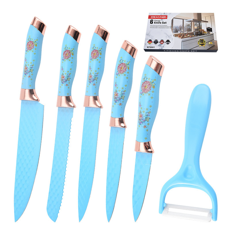 Nuevo patrón de mampostería transfronterizo doble galvanoplastia cabeza de color de flores herramientas de cuchillo de regalo de acero inoxidable herramientas de cocina