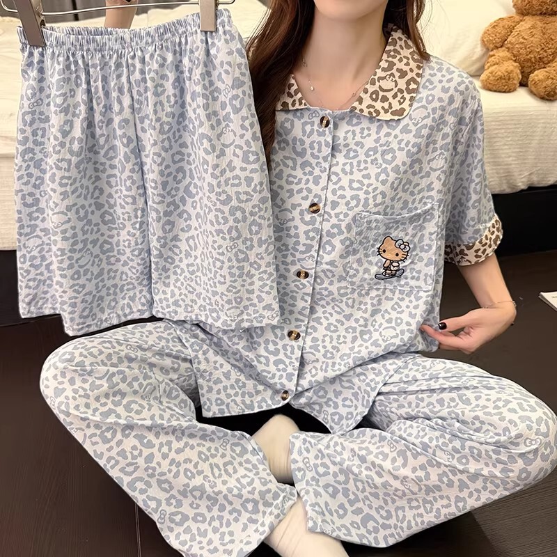 Korean Style Cat Print High-End Leopard Print Short-Sleeve Pajamas for Women, Thin Shorts and Long Pants Three-Piece Set, Summer Loungewear