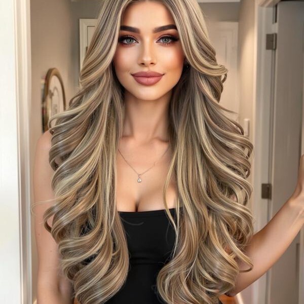 Hand-Woven Brown and Gold Long Curly Hair 28inch Long Wavy Wig Women's Gorgeous Fluffy Wig