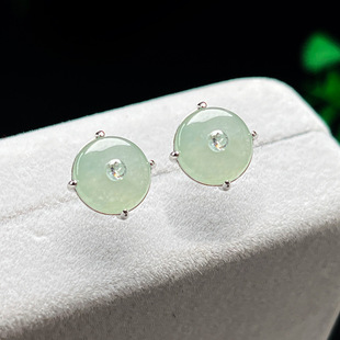 Burmese Material Ice Bottom Safety Buckle Jade Earrings Inlaid with 925 Silver Earrings Natural Jade A-Grade Earrings Jade Wholesale